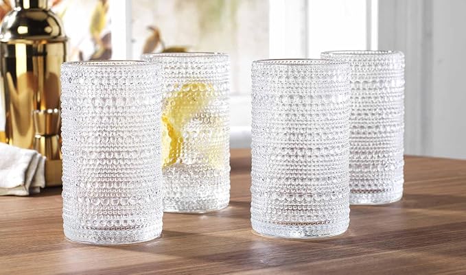 Highball Glasses Hobnail, Set of 8, Textured Embossed Beaded Design, 15.2 oz Cocktail Cooler Drinking Glassware Elegant Everyday Home Dinner Bar - Image 5