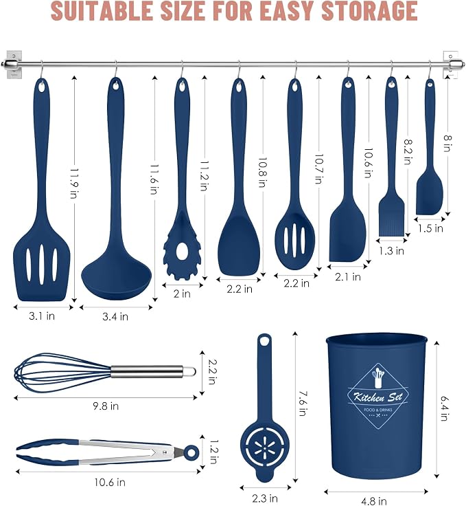 Blue Kitchen Utensils Set-12 Pieces Silicone Cooking Utensils Set | Dishwasher Safe 392°F Heat Resistant Spatula Set Kitchen Utensil Set for Nonstick Cookware,Best Kitchen Tools with Holder - Image 2