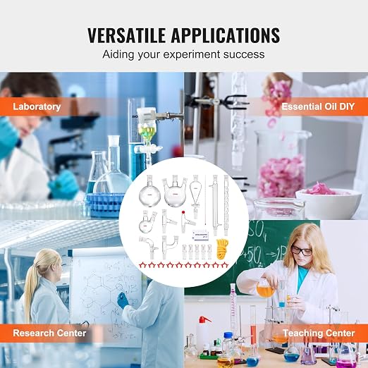 VEVOR Lab Distillation Kit, 3.3 Boro Lab Glassware Distillation Kit with 24, 40 Joint, 1000ml Essential Oil Distillation Apparatus Kit, 29 pcs Set of Glassware Equipment - Image 6