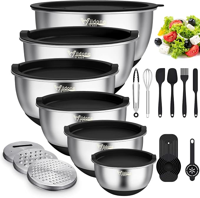 Wildone Mixing Bowls with Airtight Lids, Stainless Steel Mixing Bowls Set | Metal Bowls with 3 Grater Attachments & Non-Slip Bottoms, Size 5, 4, 3, 2,1.5, 0.63QT, Includes Utensil Set for Prep, Black by Wildone