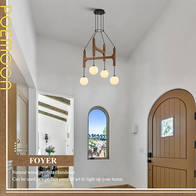 Farmhouse Wooden L24'' Chandelier Rustic Oak Wood Pendant Lights Mid Century 4-Light Milk Glass Globe Pendant Chandelier for Dining Room Kitchen Foyer Entryway Bedroom, G9 - Image 7