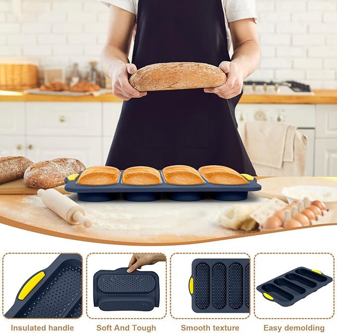 Silicone Bread Loaf Pan, 4-cavity Non-Stick Baguette Bread Pan Heat Resistant Hot Dog Bun Mold, for Sub Roll Baking Pan Bread Pans for Homemade Bread（Gray）