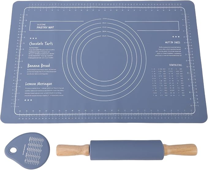Keenso Silicone Pastry Mat Rolling Pin Set with Measurements for Baking Pizza Pies Bread Blue 3 Pieces - Image 4