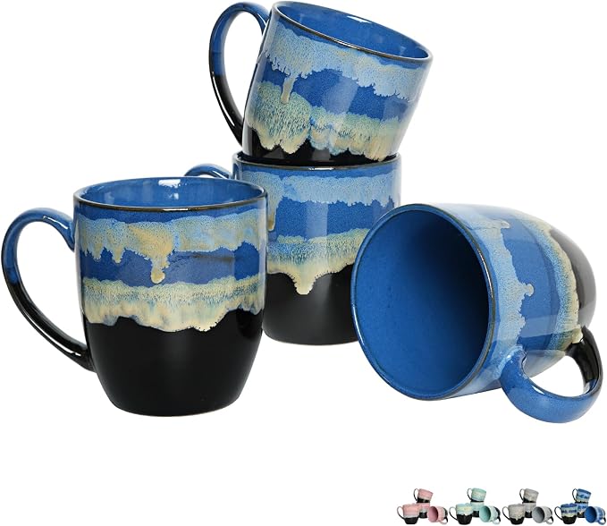 Bosmarlin Ceramic Coffee Mug Set of 4, 17 Oz, Coffee Cups with Big Handle, Microwave Safe, Unique Reactive Glaze (17 Oz, Blue) by Bosmarlin