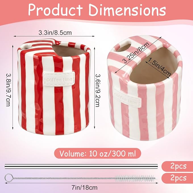 2 Pack Ceramic Coffee Mug with Sip Hole Espresso Cup 10oz with Straws Retro Hand Painted Striped Ceramic Iced Coffee Tea Travel Mug Latte Cup for Kitchen Dining (Simple,Red,Pink) - Image 2