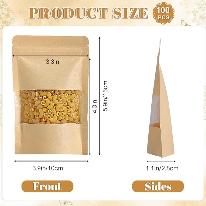 100 Pcs Kraft Stand Up Pouches With Window, Resealable, 4 x 6 In | Cpp-Lined Paper, Heat Sealable, Moisture Resistant, Tear Notch, Clear Window, Snack And Bakery Packaging - Image 2