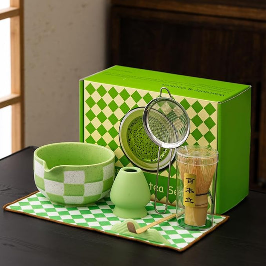 7pcs Traditional Matcha Tea Ceremony Set, green Ceramic Bowl with Bamboo Whisk, Holder and Strainer (Green grid) Elegant Matcha Set for Gifting and Personal Use, Gift Box Packaging