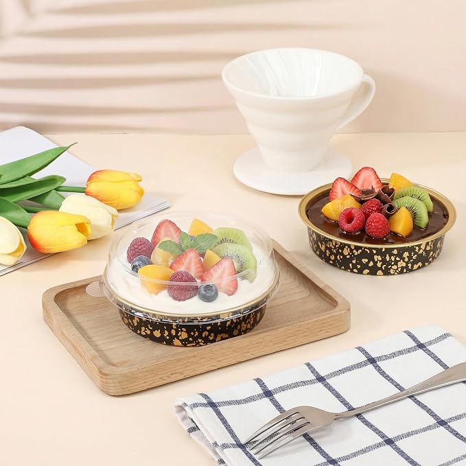 Beasea 4 Inch Pie Tins with Lids, 50 Pack 7.3 Oz Disposable Mini Tart Tins, Aluminum Foil Baking Tins Small Round Muffin Container Mini Cheesecake Cups for Pie Tart Quiche - Black Gold Speckles - Image 6