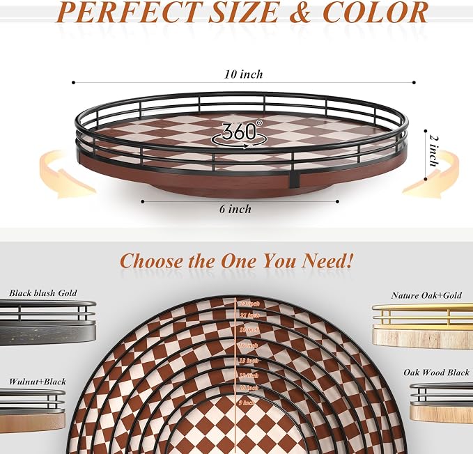 AMH 10-Inch Brown Checkerboard Lazy Susan Organizer with Black Metal Rail | Smooth rotating oak tray with walnut finish for dining tables, kitchen counters, pantries and cabinet storage. - Image 6