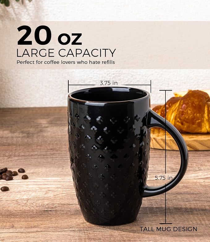 AmorArc Large Coffee Mugs Set of 6, 20oz Tall Coffee Mugs Set | with Texture Patterns for Cappuccino, Latte,Hot Cocoa, Dishwasher & Microwave Safe-Black - Image 2