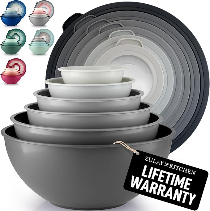 Zulay Kitchen 12 Piece Plastic Nesting Mixing Bowls with Lids - Colorful Microwave & Freezer Safe Gray Ombre Set by ZulayKitchen