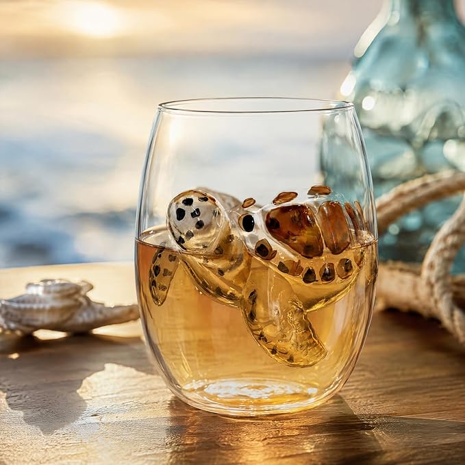 Ocean Themed Sea Turtle Hand-Blown Coastal Glassware | Ocean-Themed Octopus Glassware Hand Blown Coastal Stemless Wine Glasses Unique Coastal Decor Gift for Ocean Lovers - Image 3