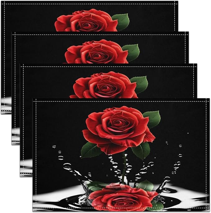 Feelyou Red Rose Table Place Mats Set Romantic Floral Blossom Placemats Set of 4 Black Red Placemat for Kitchen Dining Table for Women Men for Lover Indoor Outdoor Decor Table Mats 18"x12" by Feelyou