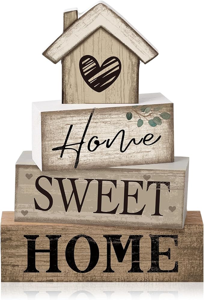 Moucuny 4 Pcs Farmhouse Table Decor Rustic Home Sweet Home Tiered Tray Decorations Retro Wooden House Shaped Block Signs Farmhouse Stacked Table Decoration for Housewarming Gifts Kitchen Mantle Shelf by Moucuny