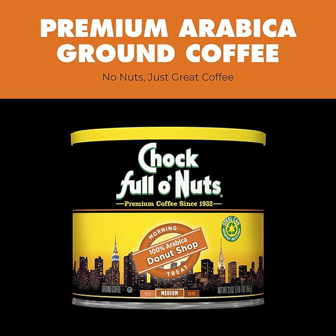 Chock Full o' Nuts Donut Shop Ground Coffee – Premium Beans in Recyclable Steel Can – Rich Flavor & Aroma, Medium Roast – Perfect for Drip, Pour-Over, Percolator – 23 Oz Can
