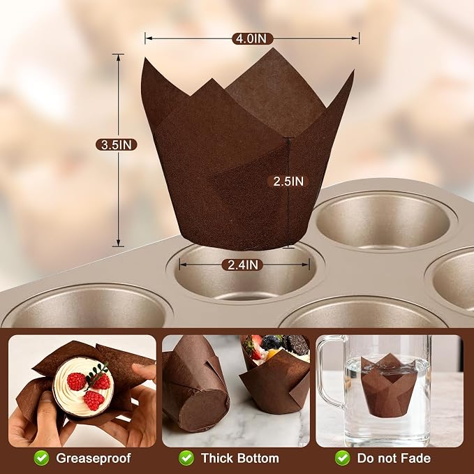 100pcs Extra Large Size Tulip Cupcake Liners for Baking Cups, Food Graded Parchment Paper Large Muffin Liners Holders, Greaseproof Cup cake Wrappers for Party, Christmas by Neyimqr (Coffee) - Image 3