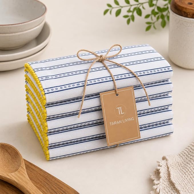 Printed Kitchen Dish Bar and Tea Towels Cotton, 18x28 inch with Trims, Cotton Dish Towel Sets (Blue Stripes, Set of 6) by TARANLIVING
