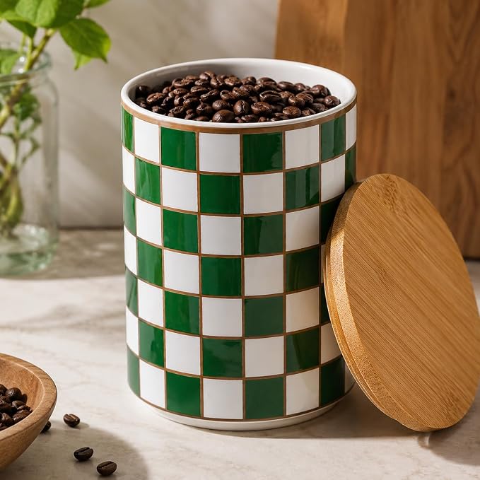 Kitchen Countertop Ceramic Checkered Canisters,Black And White Food Storage Containers With Lid,Airtight Kitchen Canisters for Flour, Sugar, Coffee, Tea, and Dry Goods (Green, XL) - Image 4