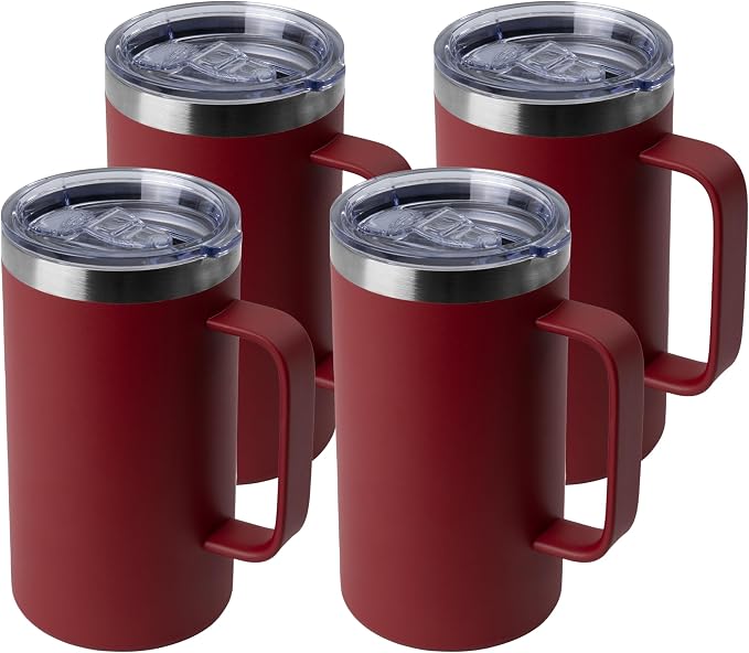 DOMICARE 24oz Mug with Handle and Lid, Stainless Steel Coffee Mug, Travel Mug with Handle, Double Wall Vacuum Coffee Tumbler, Reusable Insulated Cup, Dark Red, Pack 4 by VisittheDOMICARE
