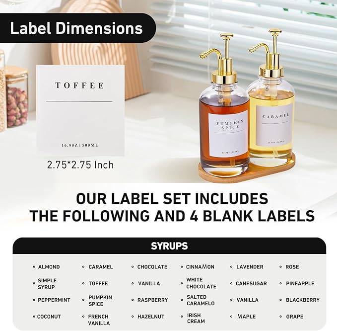 Coffee Syrup Dispenser for Coffee Bar, Coffee Syrup Pump Dispenser, Glass Syrup Bottle with Gold Upgraded Pump, 2 Pack 16.9 oz 500 ml Syrup Dispensers, 28 Labels and Bamboo Tray