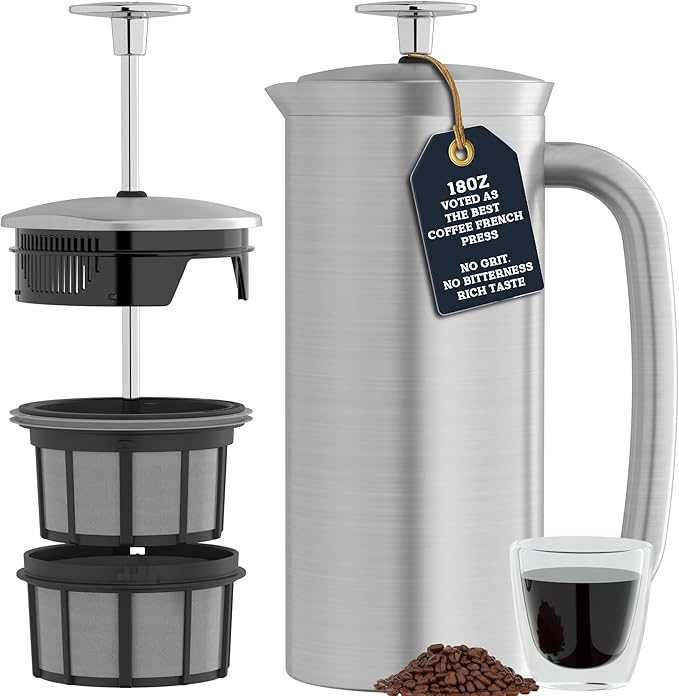 ESPRO P7 French Press Stainless Steel 304 – Patented Double Walled Micro-Filter Insulated French Press Coffee Maker, Grit-Free Brew - Heat Resistant BPA Free Coffee Maker (18oz)