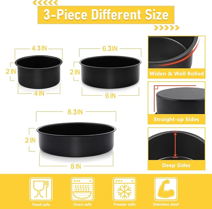 E-far 3-Piece Cake Pan(4/6/8 Inch), Nonstick Stainless Steel Round Baking Cake Pans, Metal Cake Mold Tins for Birthday/Wedding, Stainless Steel Core & Non-toxic Coating, Straight Side & 2 Inch Deep - Image 5