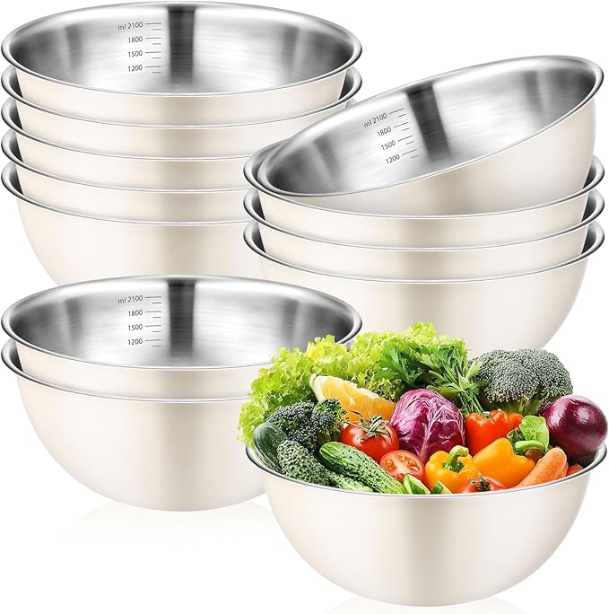 12 Pcs Stainless Steel Mixing Bowls Nesting Metal Prep Salad Bowls with Scale Reusable Baking Cooking Food Soup Storage Organizers for Kitchen Refrigerator(2.2QT)