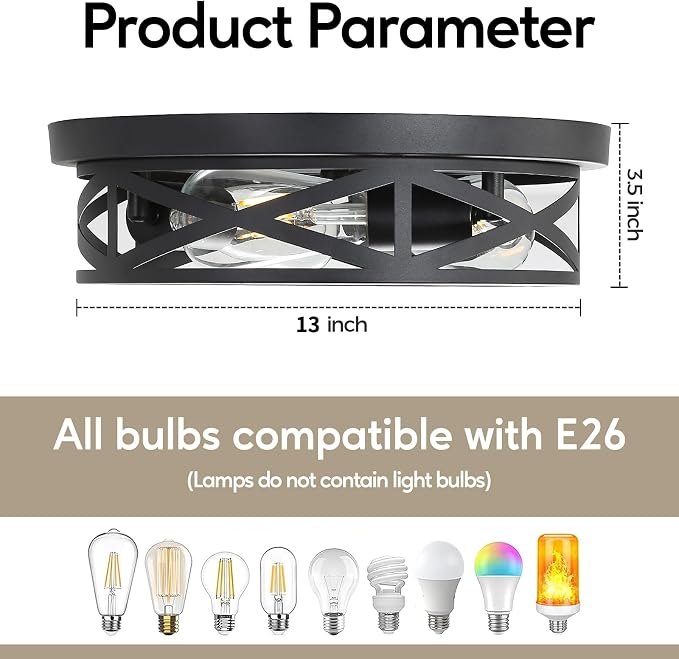 Farmhouse Cage Ceiling Light Fixtures, 3-Light Indoor Close to Ceiling Lights, 13 Inch Round Vintage Metal Flush Mount Ceiling Lights for Bedroom, Living Room, Porch Kitchen Entrance, Black - Image 2