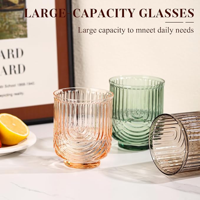 Colored Vintage Drinking Glasses Set of 6-15oz Hand-Blown Highball Ribbed Glassware, Arch Design Cocktail Glasses for Whiskey Water Beverages Ice Coffee Juice Milk - Image 6
