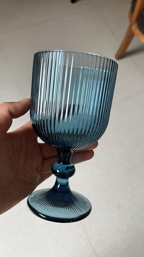 Taganov Blue Glasses Drinking Water Goblets set of 6 Big Vintage Glassware 13oz Colored Wine Glasses for Wedding Party Bar Vertical Line Embossed Pattern Stemmed Cups 400ml - Image 8