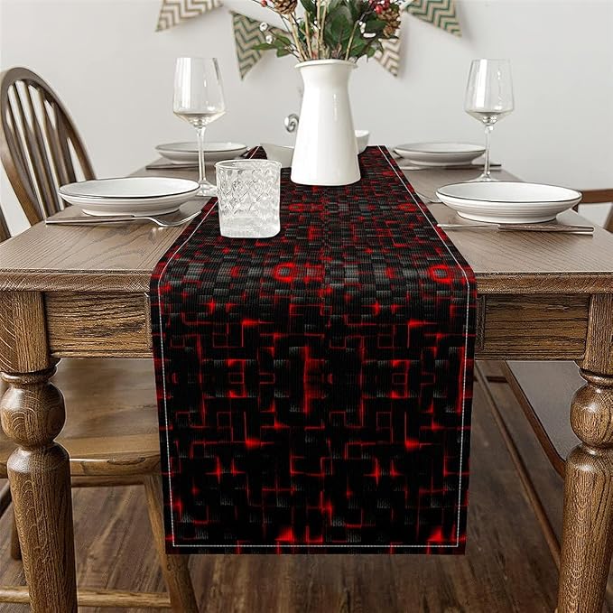 Feelyou Red and Black Table Runner 90x13 Inch Light Geometric Decorations Indoor Outdoor Party Supply Home Kitchen Dining Decor Dresser Scarfs Modern Style Home Decor for Living Room - Image 3
