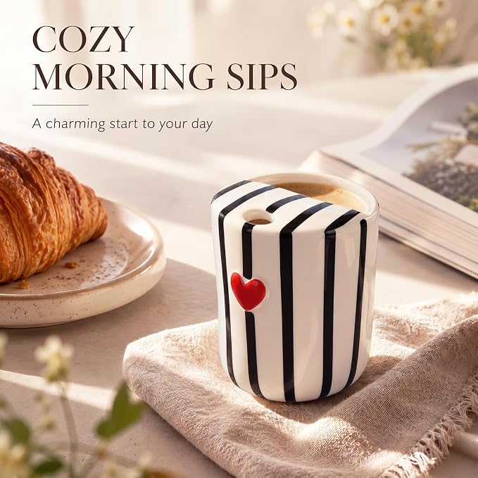Ceramic Mug with Sip Hole 10 oz Novelty Black Striped Red Heart Ceramic Coffee Mug Hand Painted Travel Mugs Heat Resistant Non Slip Built in One Lid Mugs for Coffee Lovers Appreciation Gift - Image 4
