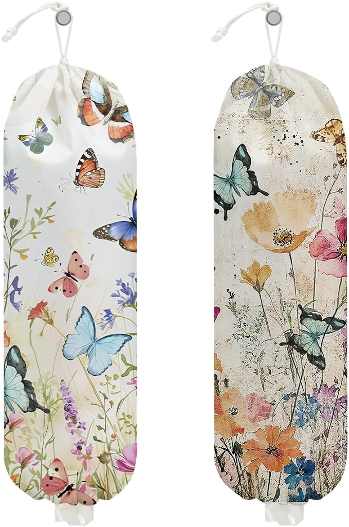 2 Pcs Vintage Floral Plastic Bag Holder, Wall Mount Trash Bag Holder | Summer Floral Colorful Butterfly Reusable Grocery Bags Storage Dispenser for Home Kitchen Pantry, Butterfly Gifts for Women by Unknown