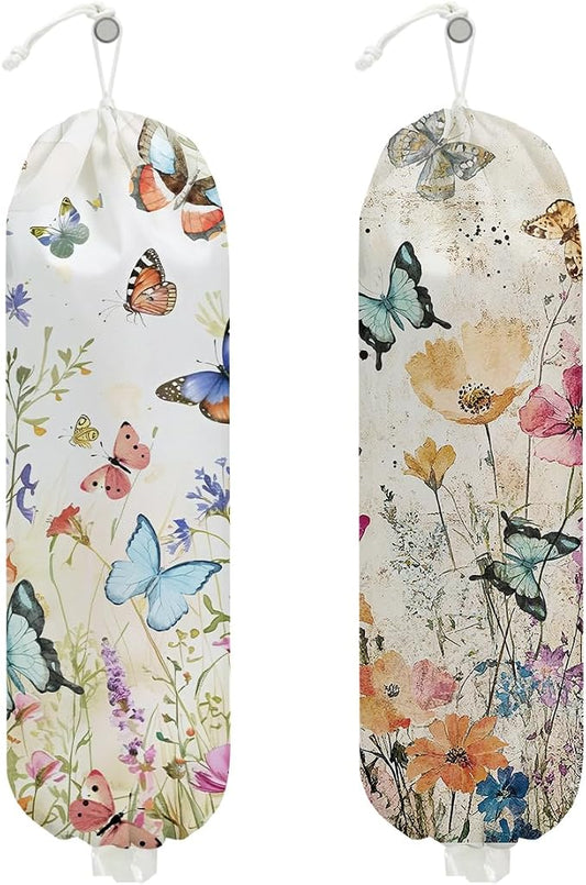 2 Pcs Vintage Floral Plastic Bag Holder, Wall Mount Trash Bag Holder | Summer Floral Colorful Butterfly Reusable Grocery Bags Storage Dispenser for Home Kitchen Pantry, Butterfly Gifts for Women by Unknown