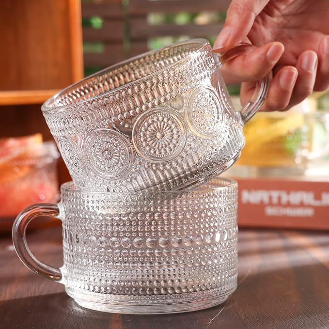 Vintage Glass Coffee Mugs Set of 4,14 OZ Embossed Glass Coffee Cups Coffee Mugs for Cereal, Yogurt, Latte, Clear Breakfast Cups with Handle for Housewarming Gifts (2*Flower+2*Beads) - Image 8