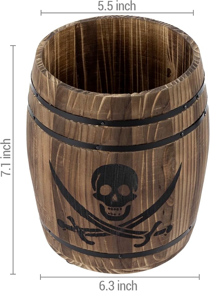 MyGift Pirate Rum Cask Utensil Crock, Rustic Burnt Wood Kitchen Holder | Bring pirate-inspired charm to the kitchen with a rustic burnt wood rum cask utensil crock featuring a skull and cutlass - Image 6