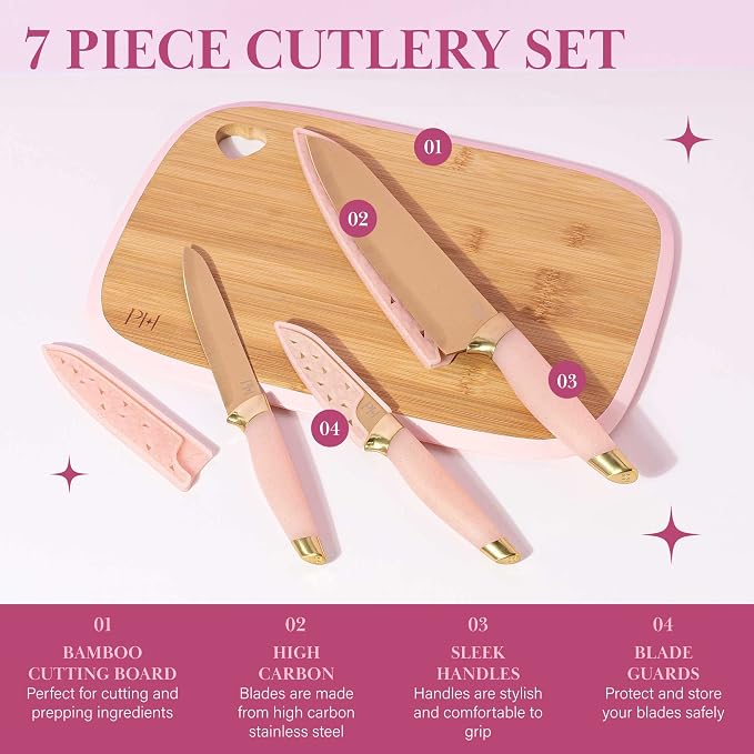 Paris Hilton Bamboo Cutting Board for Kitchen, Reversible Cutting Board and Cutlery Set with High Carbon Stainless Steel Knives and Blade Guards, Comfortable Handle Grips, 7-Piece Set, Gold and Pink - Image 3