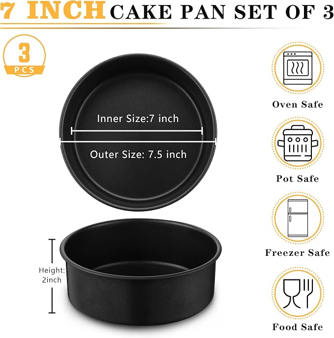 E-far 7 Inch Round Cake Pan Set of 3, Nonstick Stainless Steel Baking Pans Tin, Bakeware for Layer Cakes, Stainless Steel Core & Non-toxic Coating, Straight Side & 2 Inch Deep - Image 2