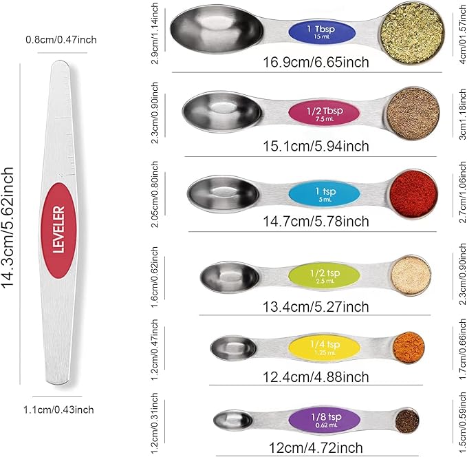 Multicolor Magnetic Measuring Spoons Set with Leveler | 7Pack, Stainless Steel, Stackable, Fits Spice Jars - For Baking Kitchen Gadgets Apartment Essentials Fits - Image 2