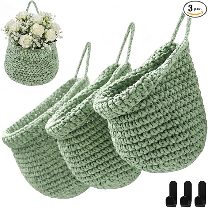 Honeydak Boho Decor Hanging Wall Baskets for Kitchen 3 Pack Teardrop Baskets with Hooks Storage Fruit Onion Vegetable Potato for Home 3 Sizes (Sage Green,Barrel,Cotton Rope) by Honeydak