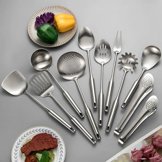 304 Stainlss Steel Kitchen Utensils Set, 11 Pcs Long Metal Cooking Utensil Gadgets Tools Set with Spatula, Ladle, Spoon, Ladle, Skimmer, Tunner, Pasta Server, Tongs(Silver, Dishwasher Safe) - Image 2