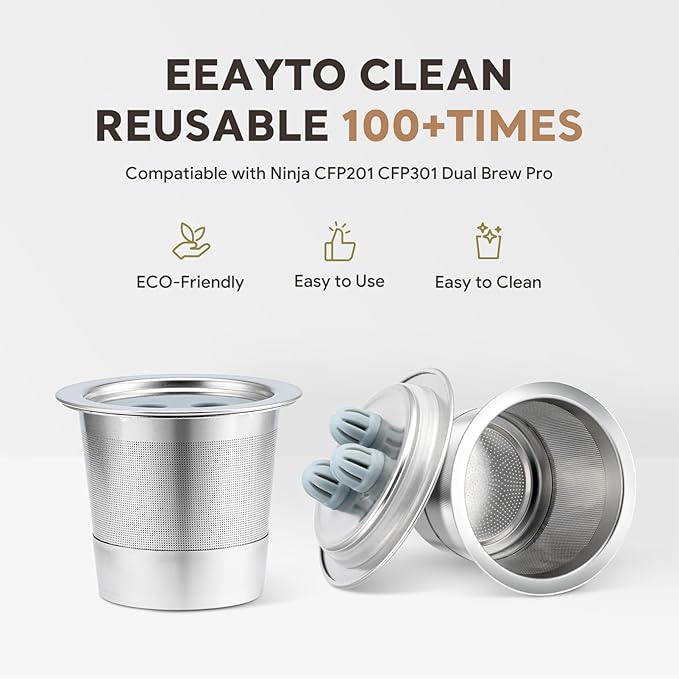 2 Pack K Cups Reusable Coffee Pods for Ninja Dual Brew Coffee Maker Stainless Steel cup Body+Plastic Cup Lid Permanent K Cups Filters Compatible with Ninja CFP201 CFP301 Dual Brew Pro Machine