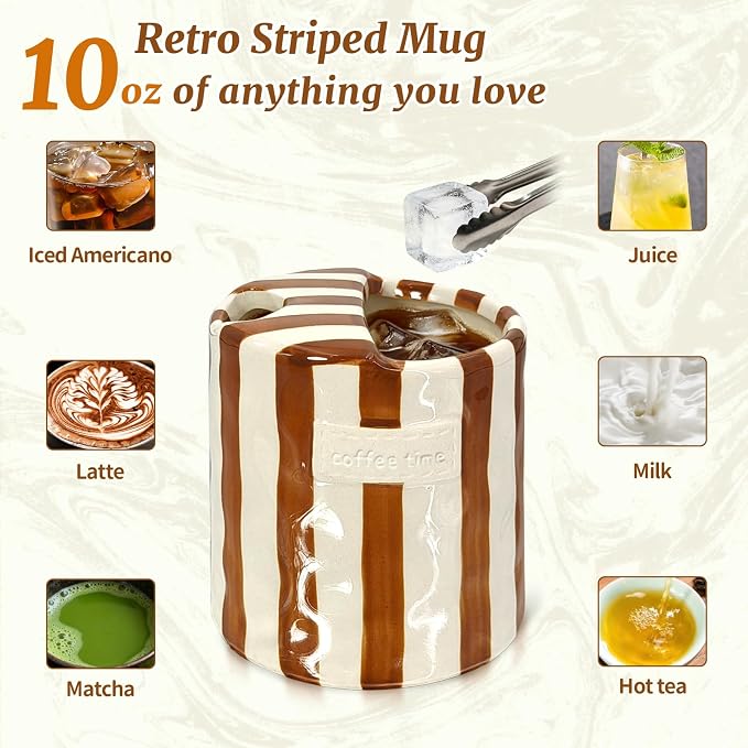 10 oz Ceramic Coffee Mug with Sip Hole & Silicone Sleeve, Brown | Cute Hand-Painted Striped Porcelain, Gift for Coffee Lover, Cold & Hot Drinks, Microwave & Dishwasher Safe - Image 4