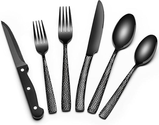 EWFEN 24-Piece Black Silverware Set with Steak Knives, Black Flatware Set for 4, Food-Grade Stainless Steel Tableware Cutlery Set, Mirror Finished Utensil Sets for Home Restaurant, Wave Hammered by EWFEN