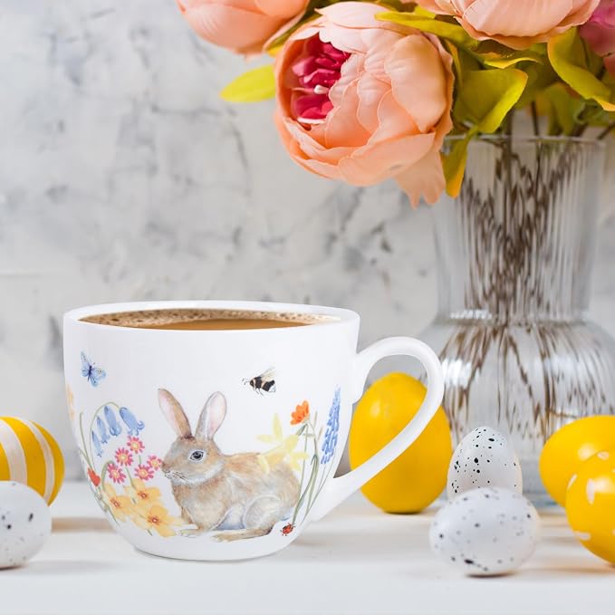 20 oz Bunny Coffee Mug with Spring Flowers & Happy Days Slogan, Premium Bone China Rabbit Coffee Cup, Cute Garden Gift for Women, Family&Friends, Designed in England by Harvest Green Studio - Image 5