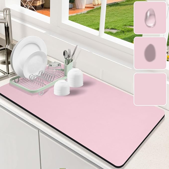 Dish Drying Mat for Kitchen Counter, Rubber Backed (Pink, 17" x 31.5") | Hide Stain Anti Absorbent for Kitchen Counter, Non-slip Drying Mat for Coffee Machine Dish Rack by Etomiel