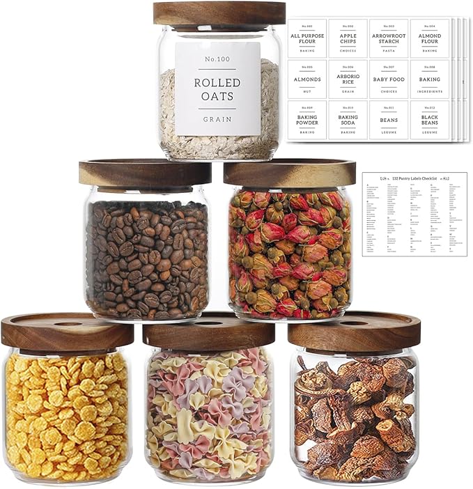 16 OZ Stackable Glass Food Storage Jars with 132 Pantry Labels Preprinted - 6 Pcs Thicken Glass Storage Containers with Airtight Acacia Lid - Clear Kitchen Canister for Spice, Tea, Coffee, Sugar by HHMJSM