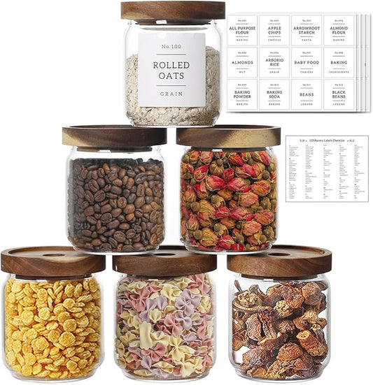16 OZ Stackable Glass Food Storage Jars with 132 Pantry Labels Preprinted - 6 Pcs Thicken Glass Storage Containers with Airtight Acacia Lid - Clear Kitchen Canister for Spice, Tea, Coffee, Sugar by HHMJSM