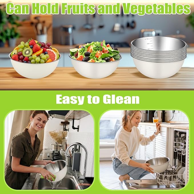 12 Pcs Stainless Steel Mixing Bowls Nesting Metal Prep Salad Bowls with Scale Reusable Baking Cooking Food Soup Storage Organizers for Kitchen Refrigerator (0.74qt)