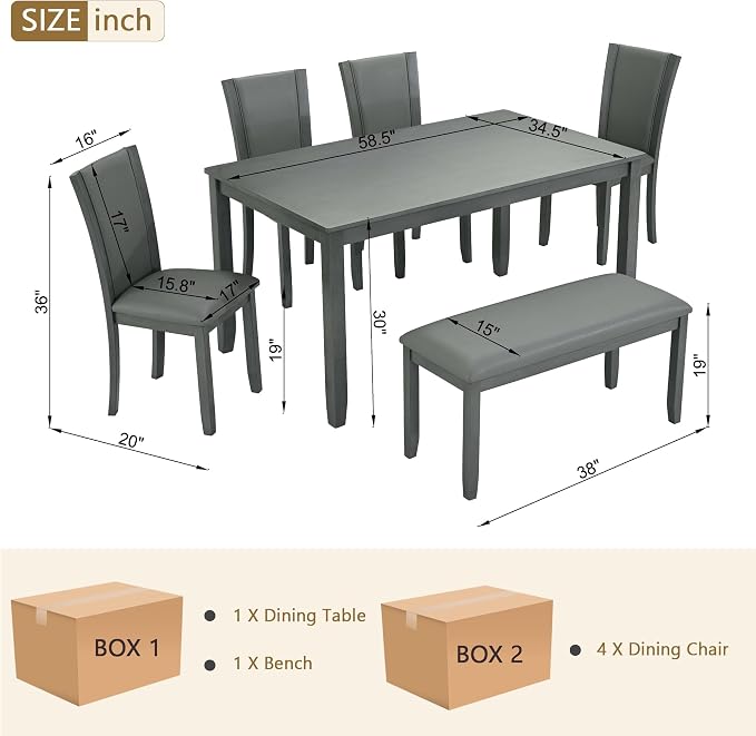 6-Piece Dining Table Set with Bench and Chairs - Solid Wood Kitchen Dining Room Table Set in Farmhouse Rustic Style, Table Set for 6 with 4 Chairs and Bench Seat.(Dark Gray_Large) - Image 3